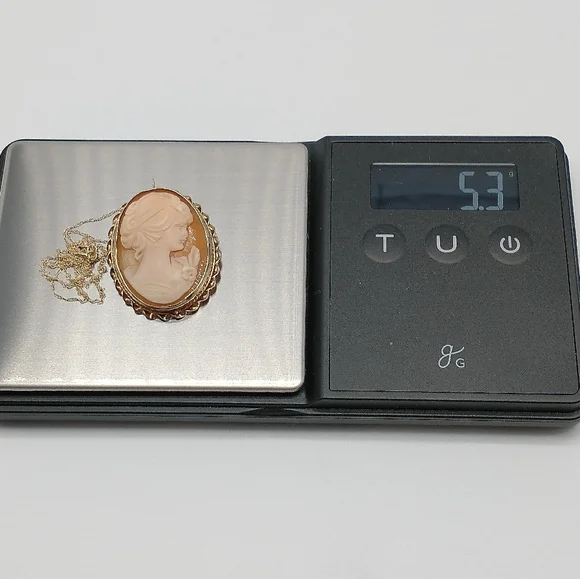 Vintage 14k Carved Shell Cameo Brooch Pendant Necklace - Picture 9 of 9